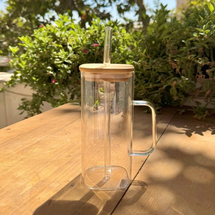 لیوان پیرکس مربعی بلند درب بامبو به همراه نی - تصویر 1